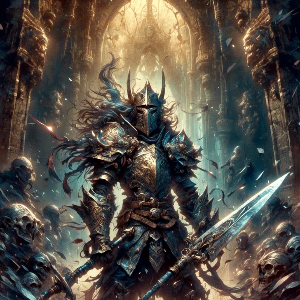 Armored Knight with Halberd in Dark Dungeon