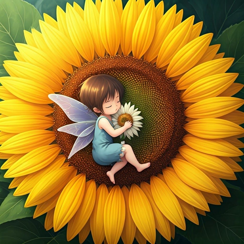 Little Fairy Sleeping in Sunflower, Anime Style