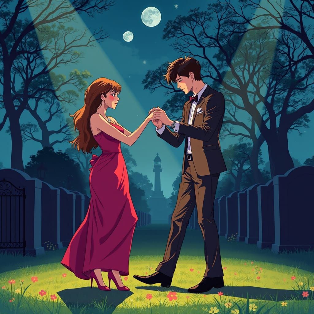 Elegant Cemetery Dance in Vibrant Alcohol Line Art Style
