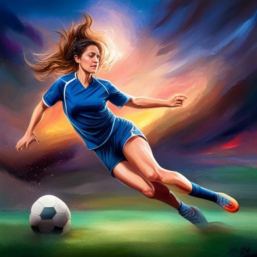 Woman Kicking Soccer Ball in Hyperrealistic Splash Art