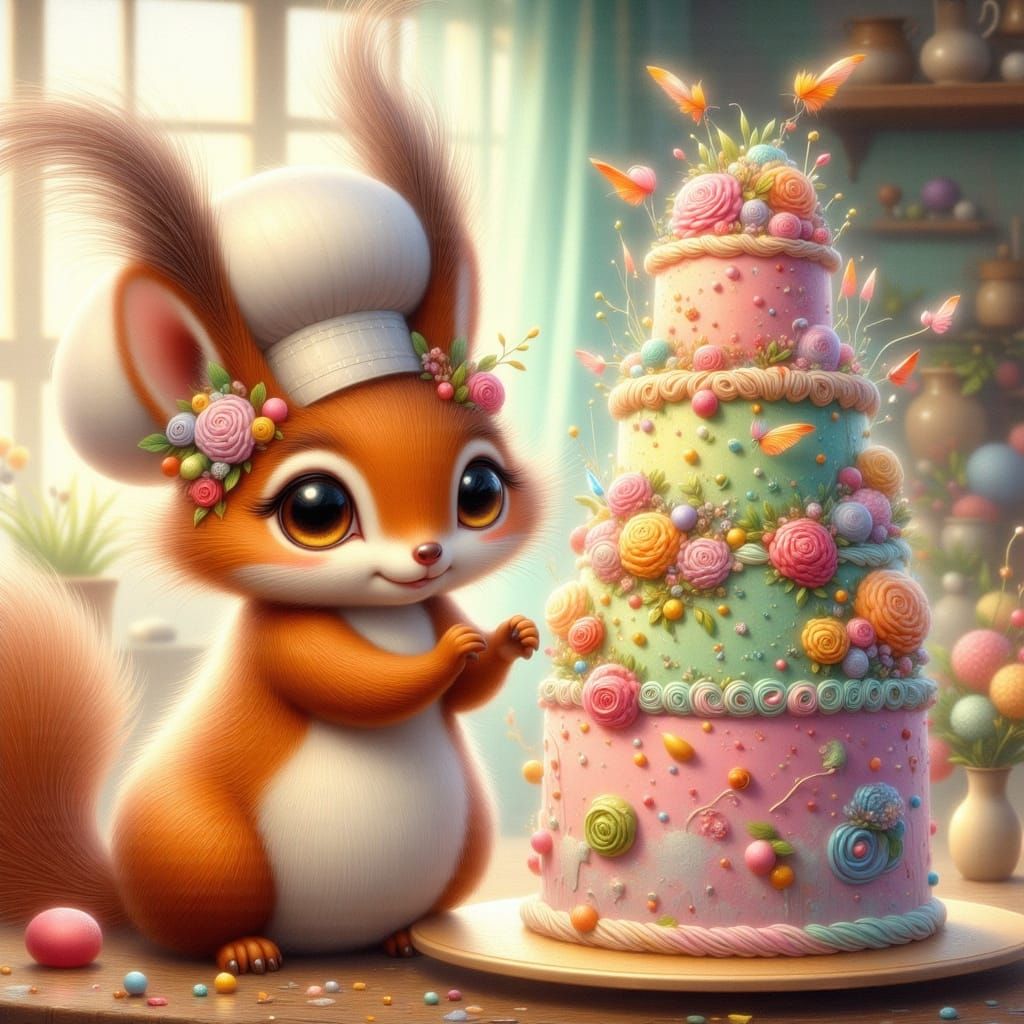 Red Squirrel Chef Decorates Cake, Painterly Style