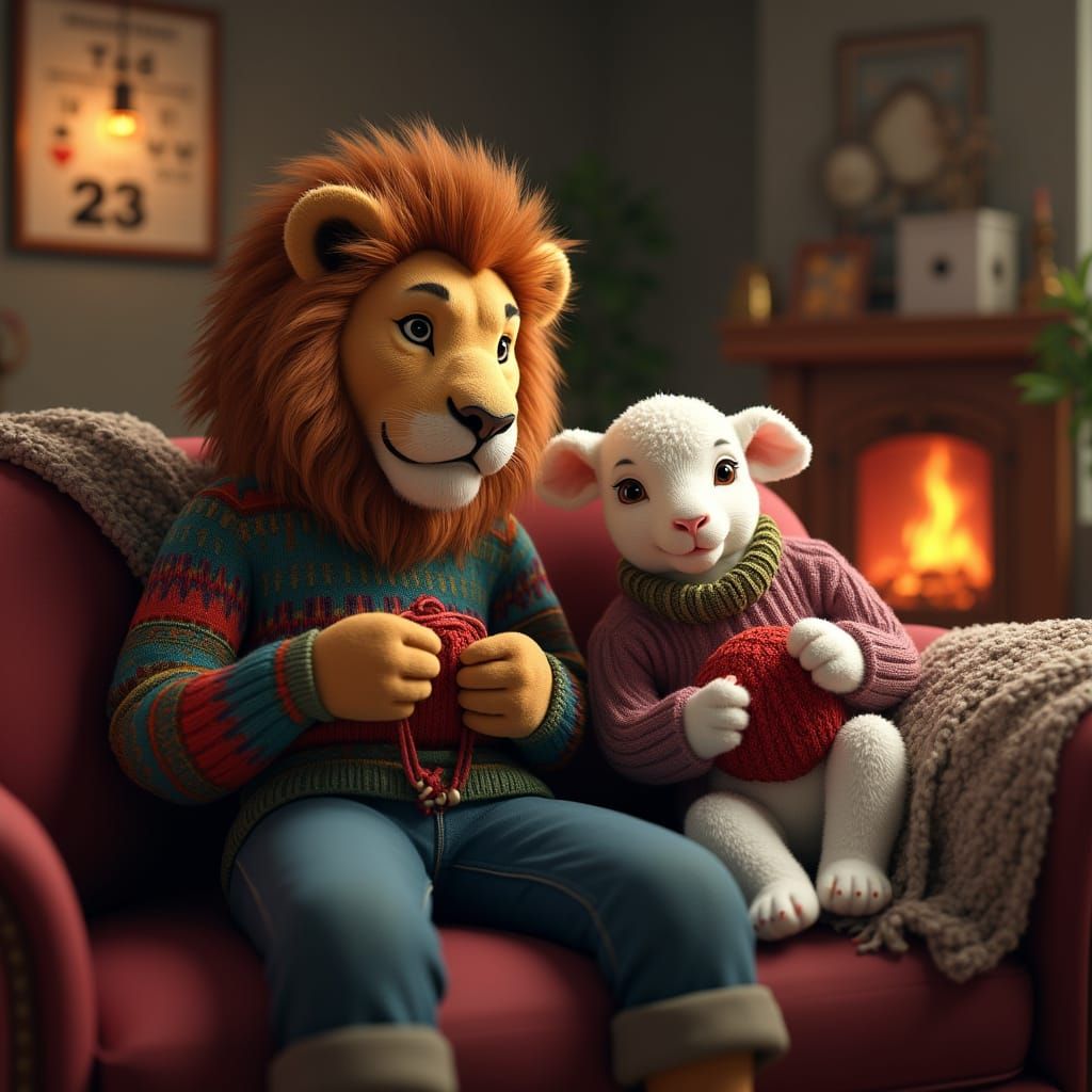 Lion and Lamb Knitting Cozy Sweaters by Fireplace