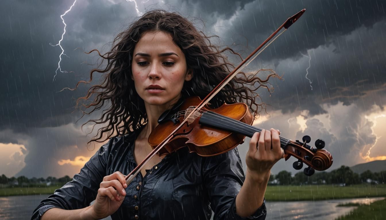 Violinist in Storm with Golden Hour Lighting