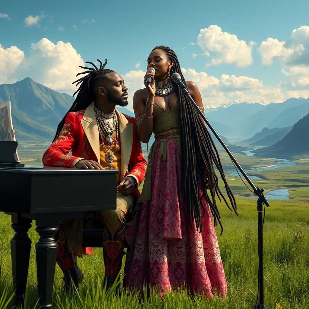 Musical Black Couple in Lush Hyperrealistic Landscape