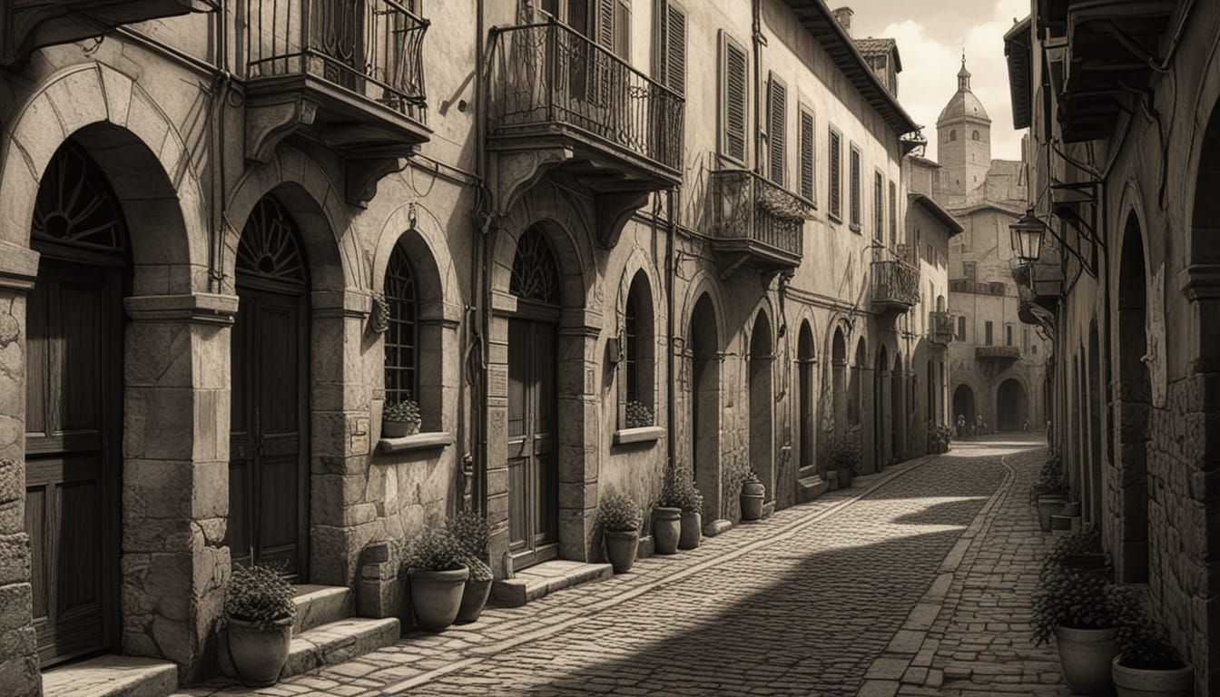 Medieval Italian Village Street Scene Sketch