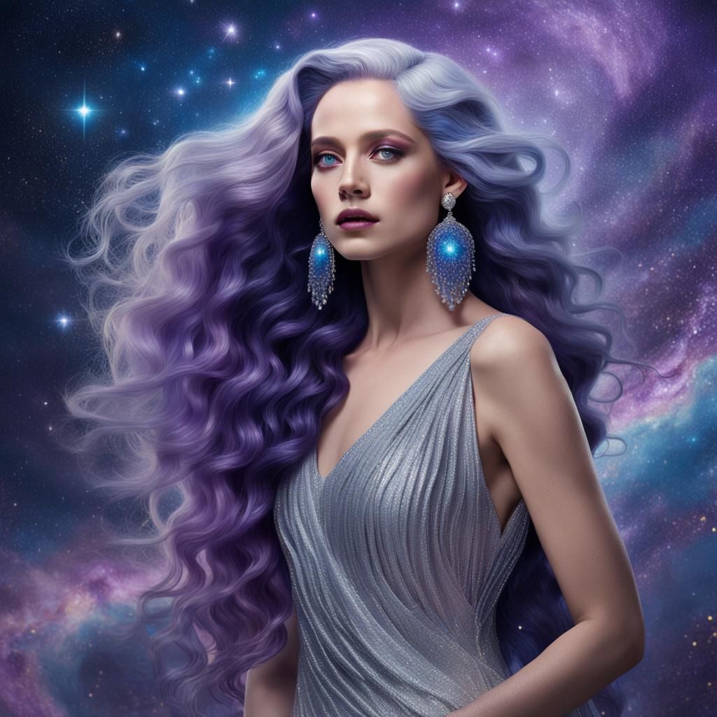 Woman with Purple Hair in Cosmic Setting