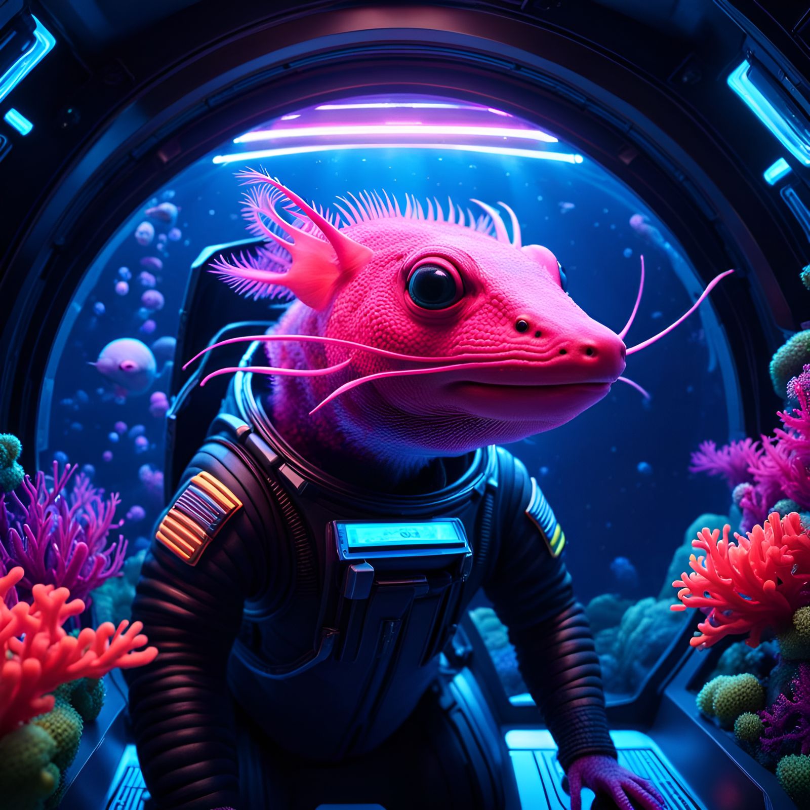 Axolotl in Spacesuit Amidst Neon Coral Reef