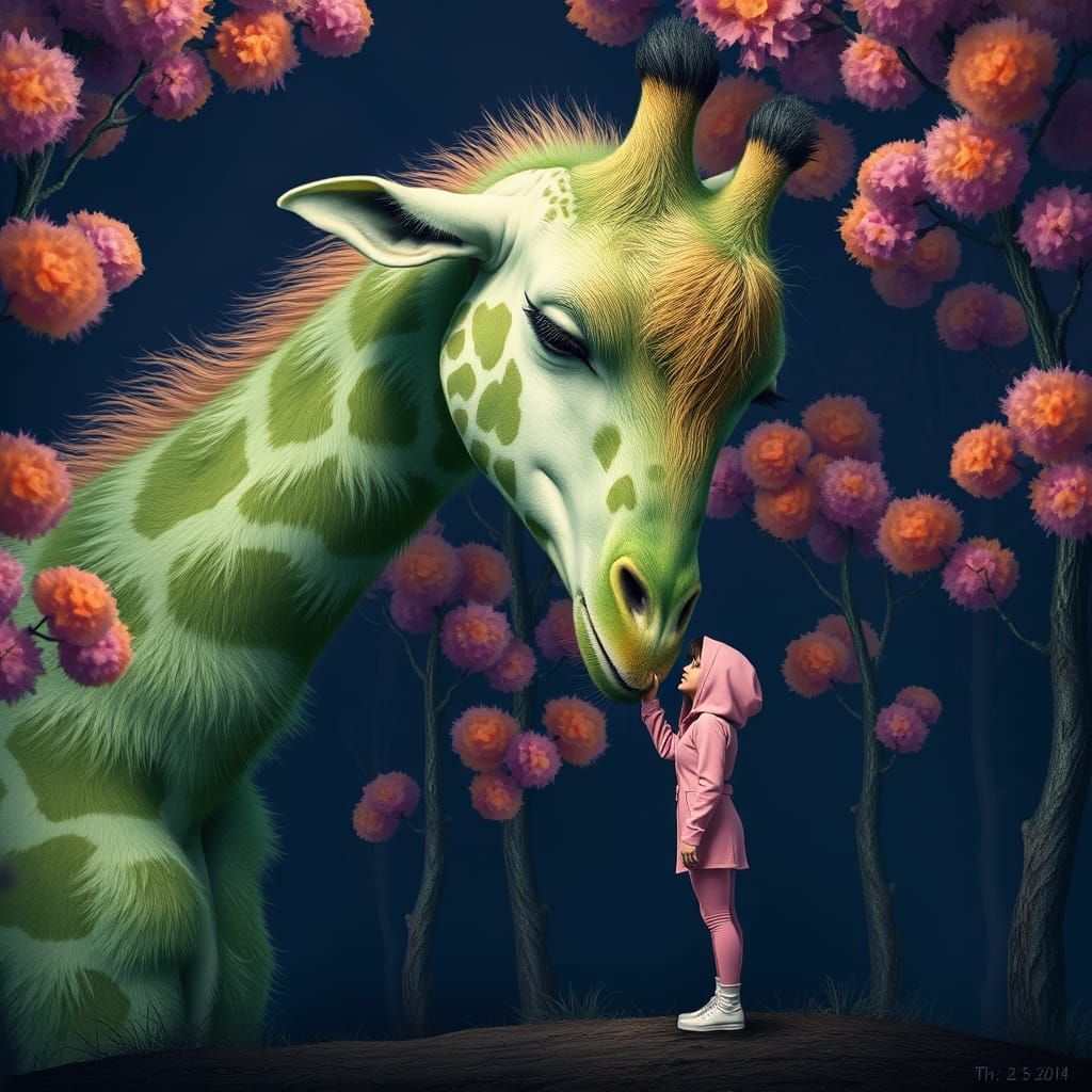 Giant Giraffe in Forest with Woman: Hyperrealistic Art