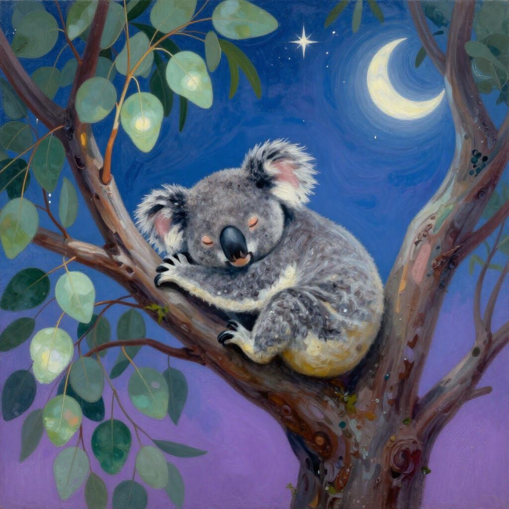 Surreal Koala Sleeping in Glowing Eucalyptus Tree
