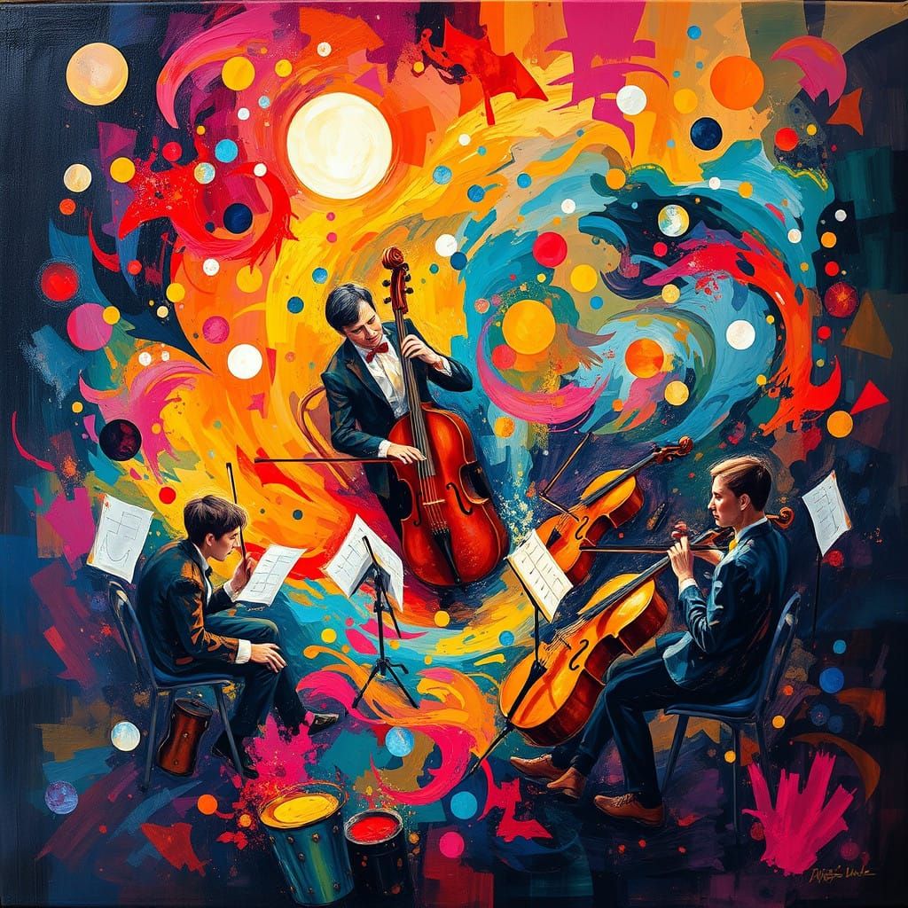 Surrealistic Orchestra Scene in Vibrant Acrylic Art Style