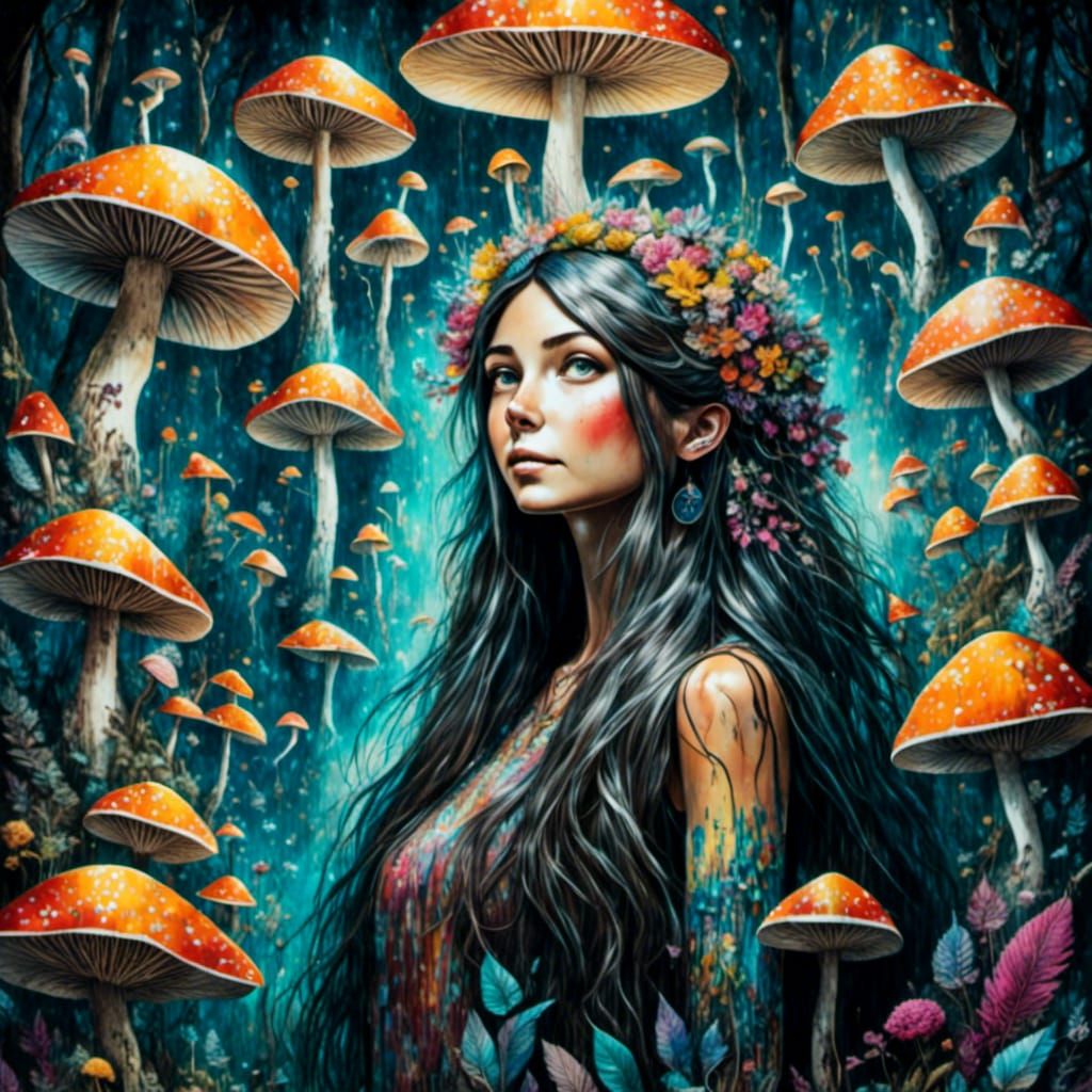 Fairy in Luminous Mushroom Forest: Mixed Media Art