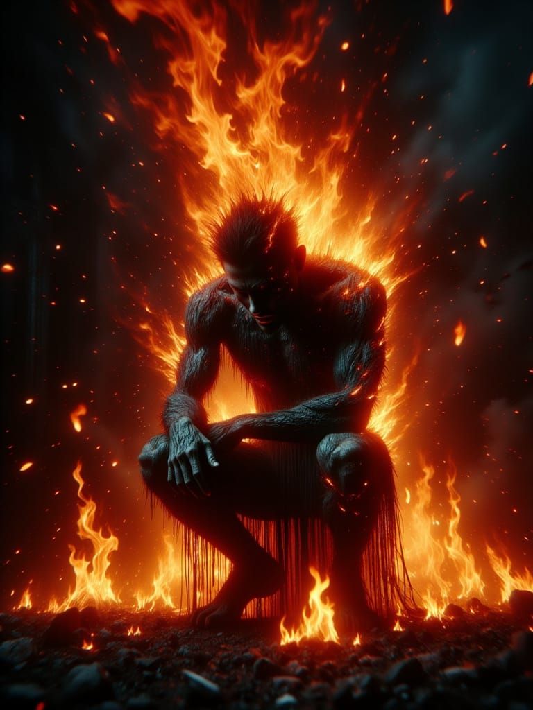 Male Fire God Dissolving into Flames