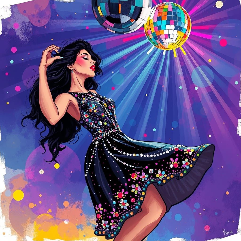 Woman Dancing Under Disco Ball in Vibrant, Stylized Art