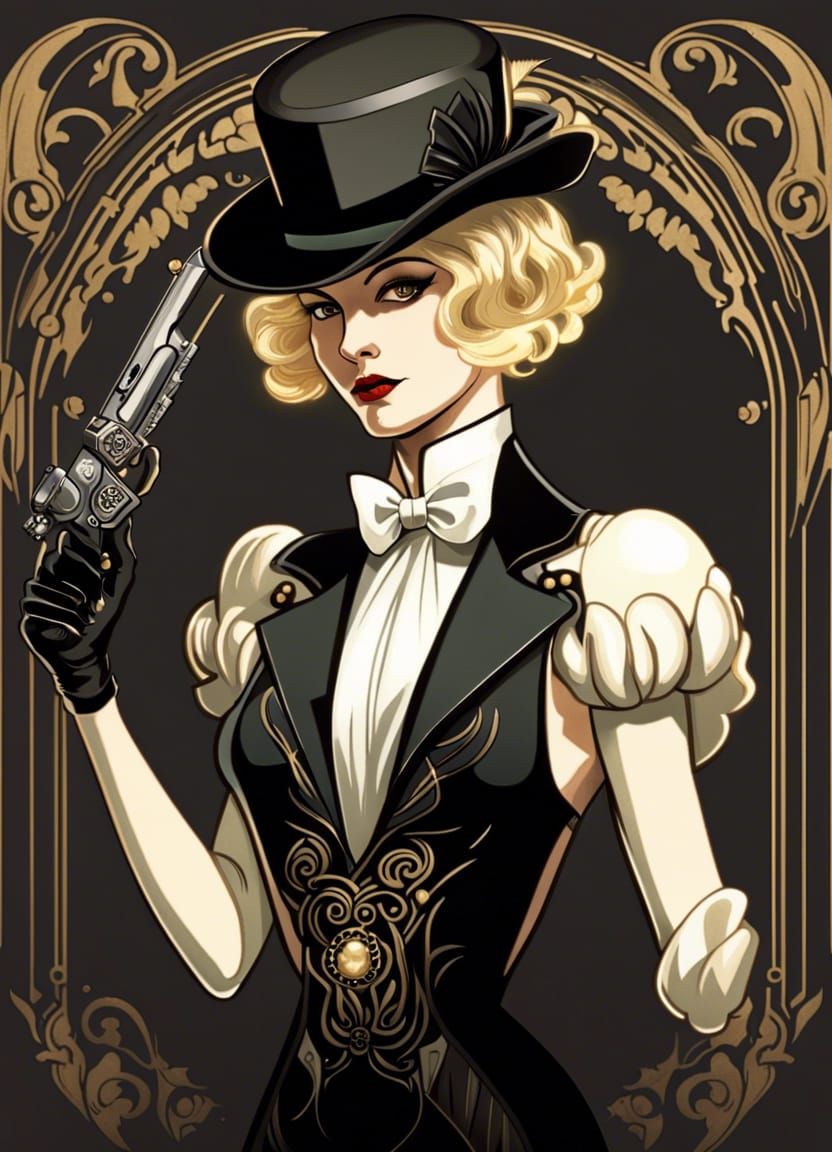 Art Deco Woman in Tuxedo with Flintlock Pistol