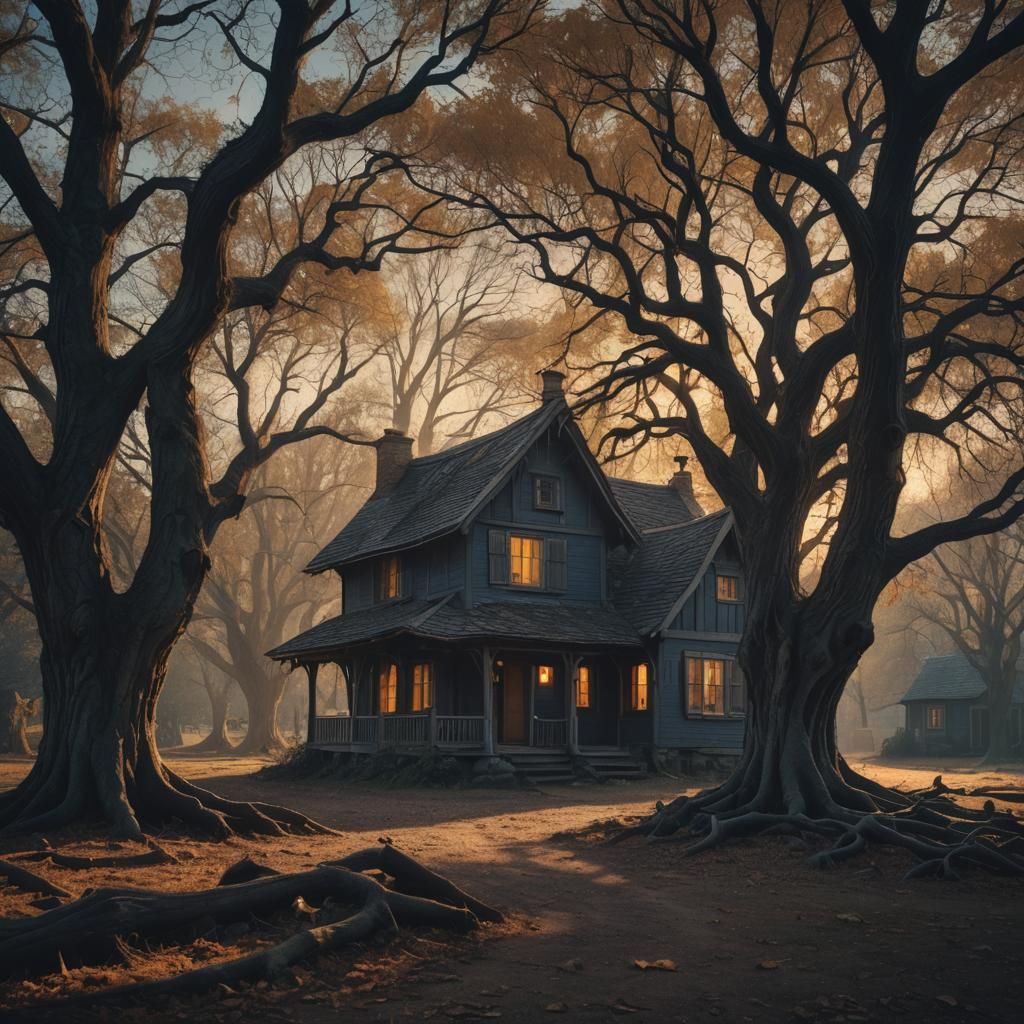 Creepy Cottage with Crooked Trees in Cinematic Lighting