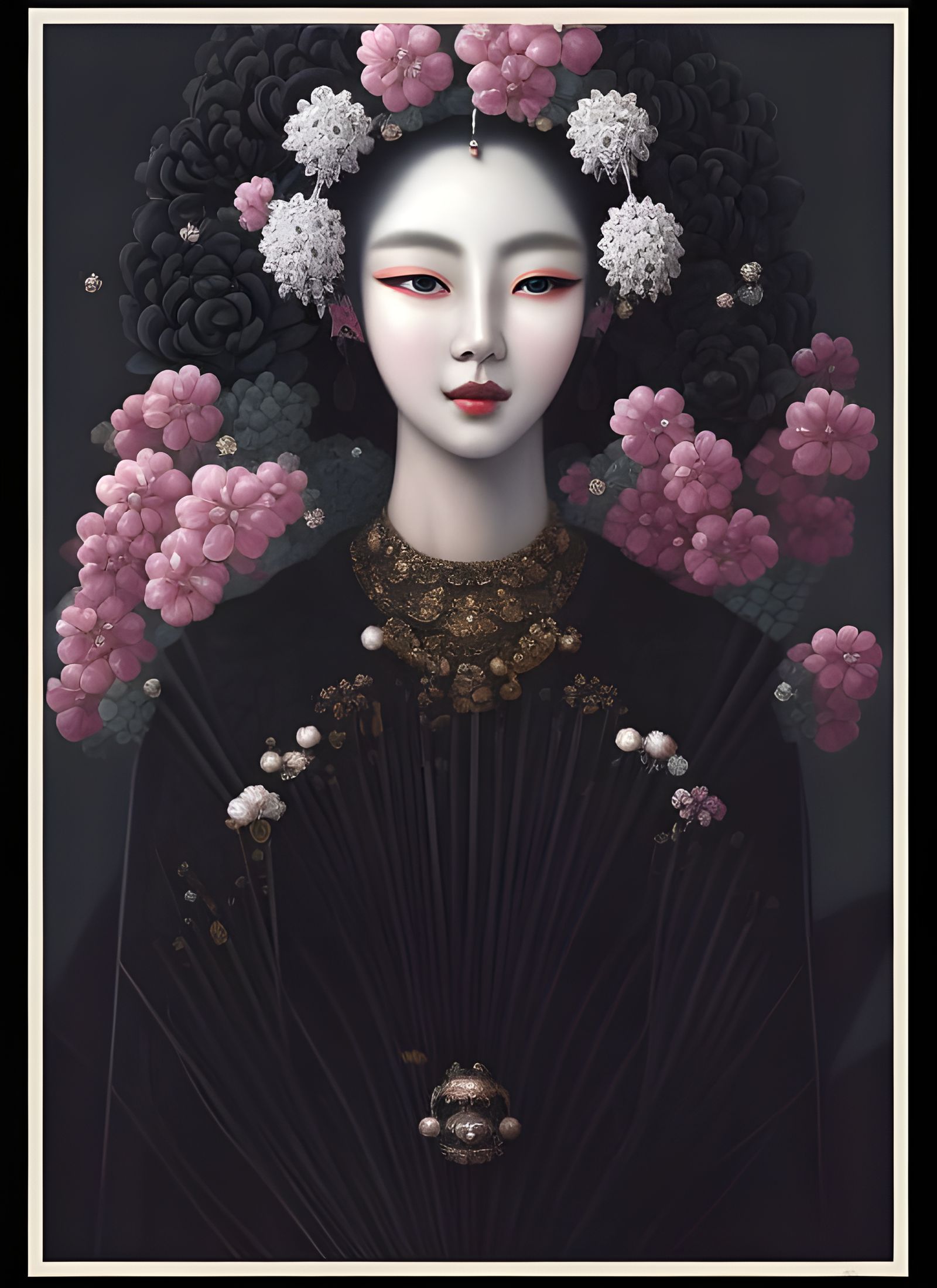 Korean Woman Portrait in Black and White Fractal Art