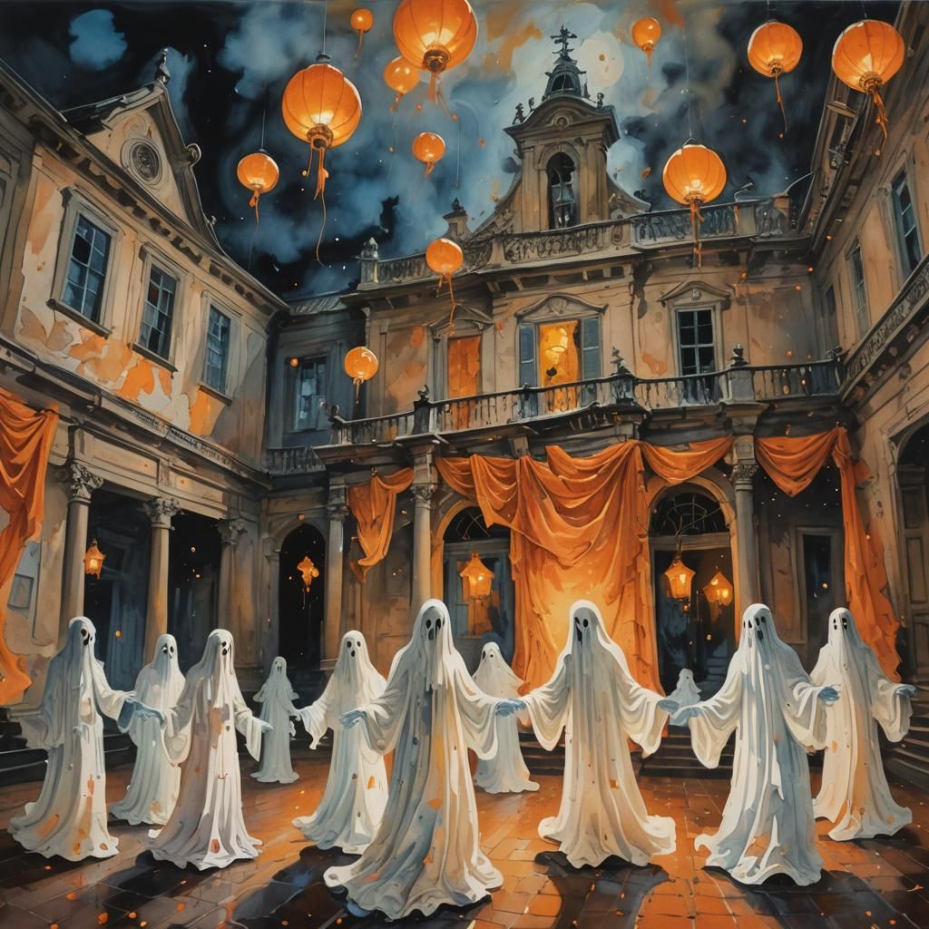 Ghosts' Party in Haunted Mansion as Gouache Painting