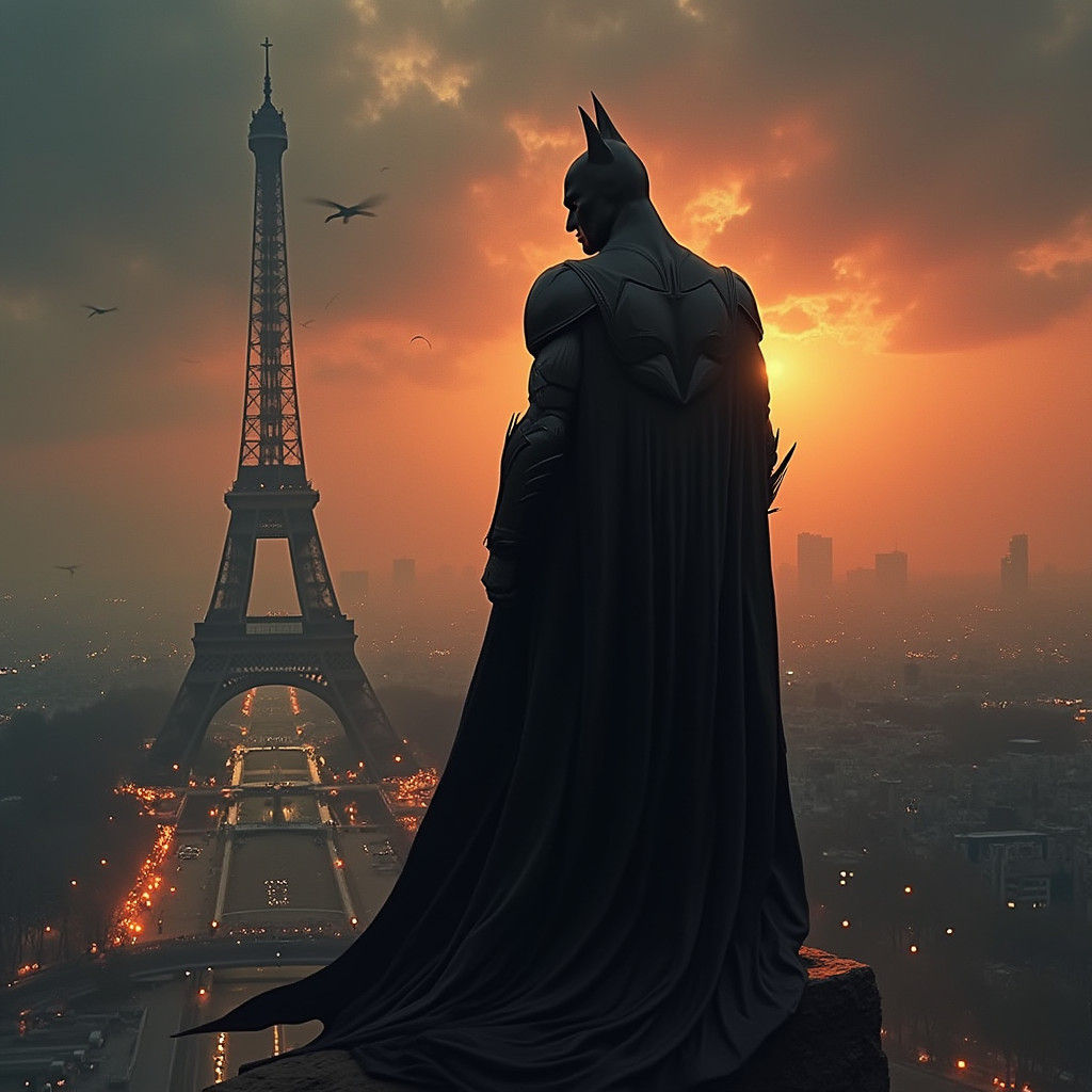 Batman on Eiffel Tower at Sunset, Hyperrealistic Horror