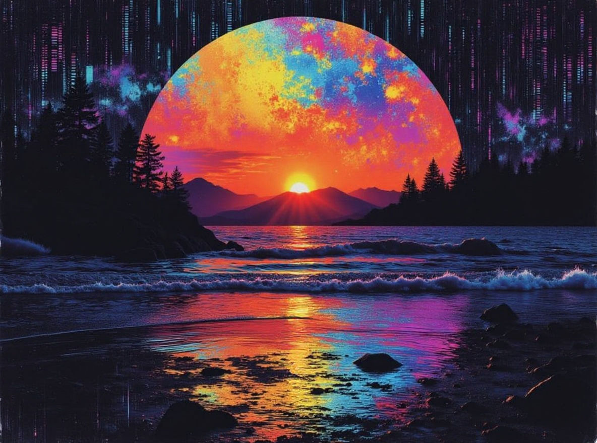 Holographic Matrix Sunset with Binary Code in Glitch Art Sty...