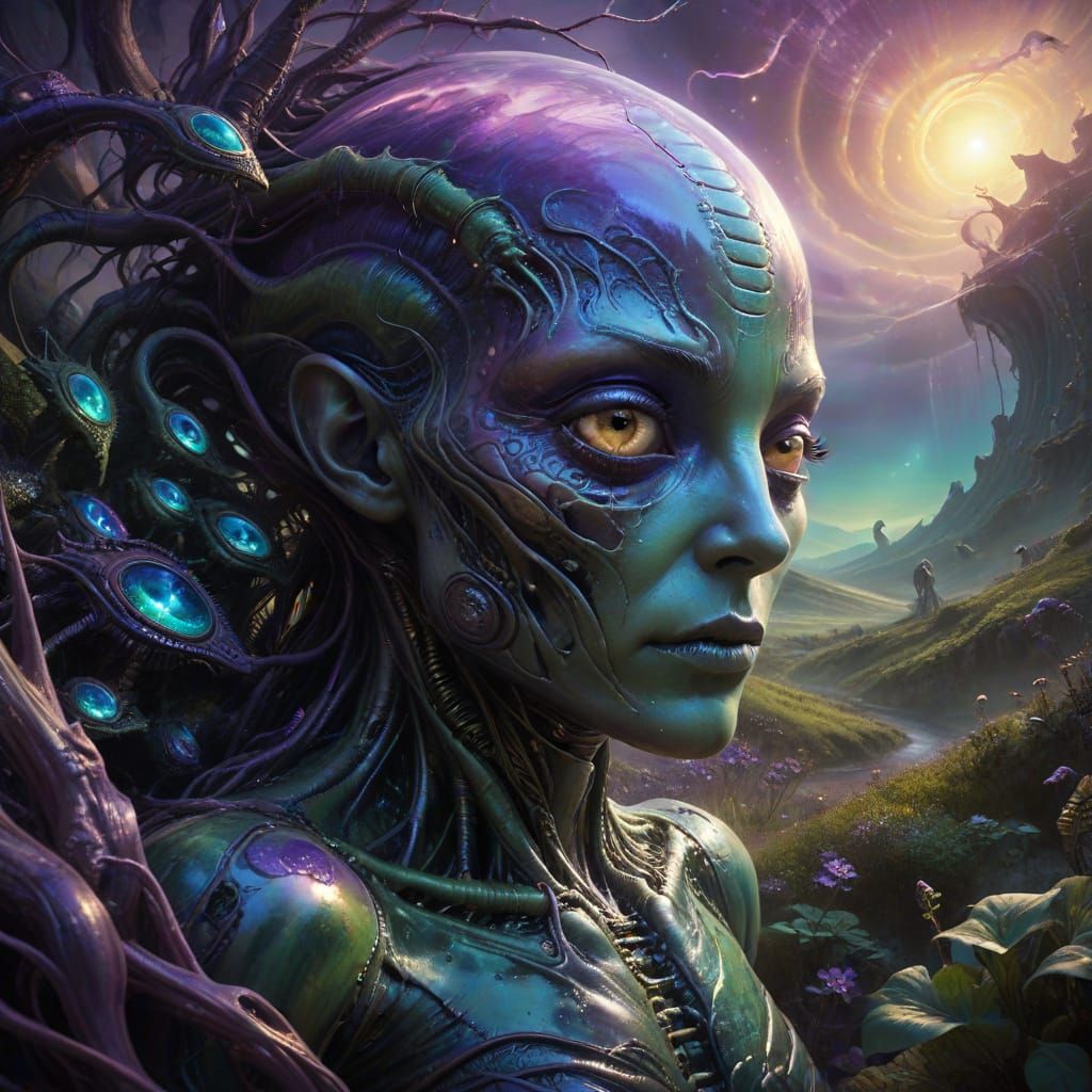 Surrealistic Aliens Surround a Slumbering Human in a Dreamli...