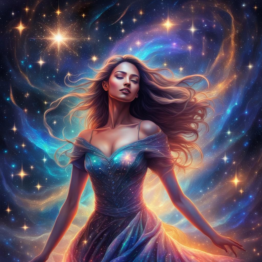 Woman Dancing in Starlight: Cosmic Illustration