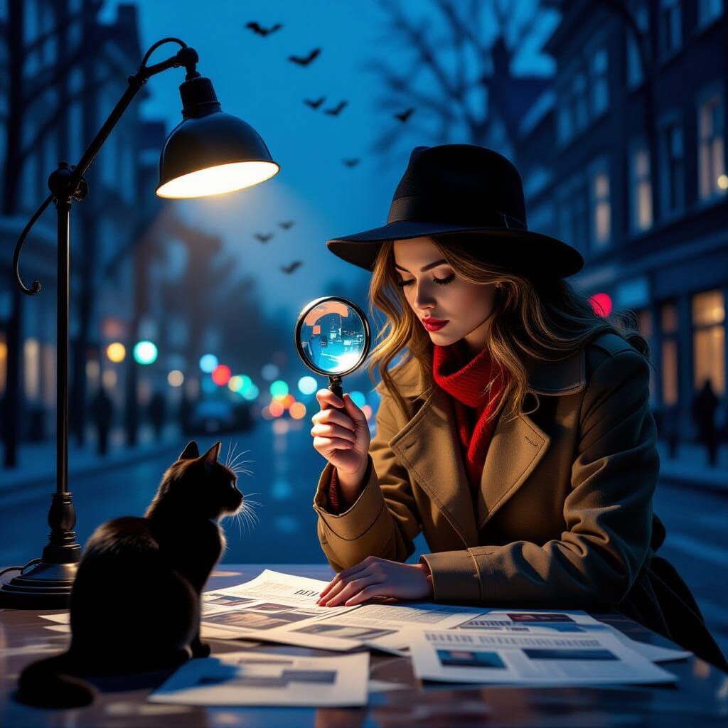 Detective Girl Investigates Crime Scene Under Dramatic Stree...