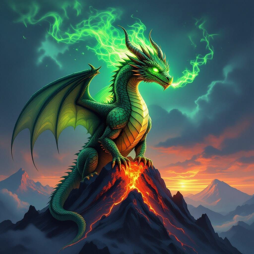 Majestic Dragon on Volcanic Peak in Hyperrealistic Style