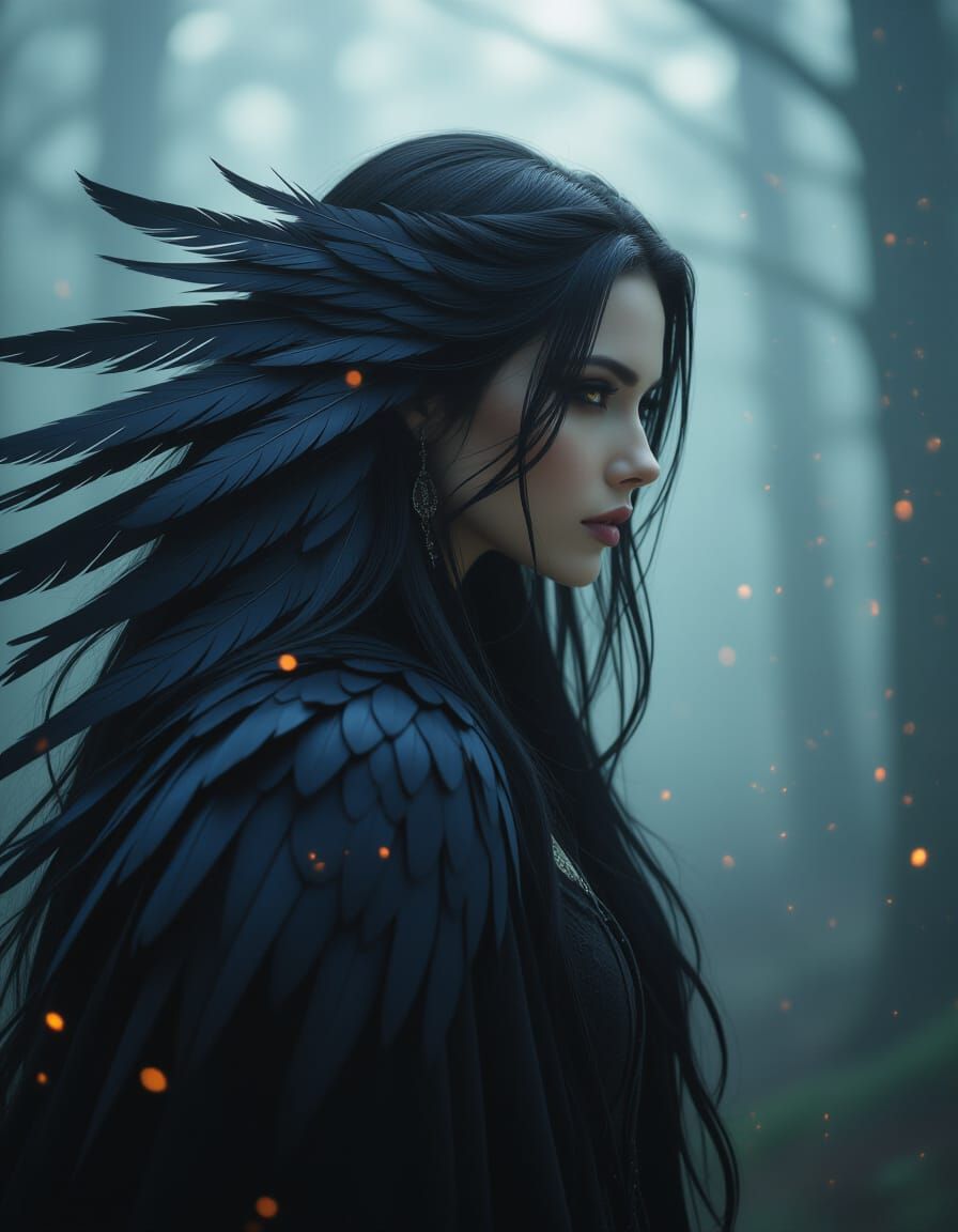 Mystical Crow-Woman in Ethereal Dark Fantasy Style