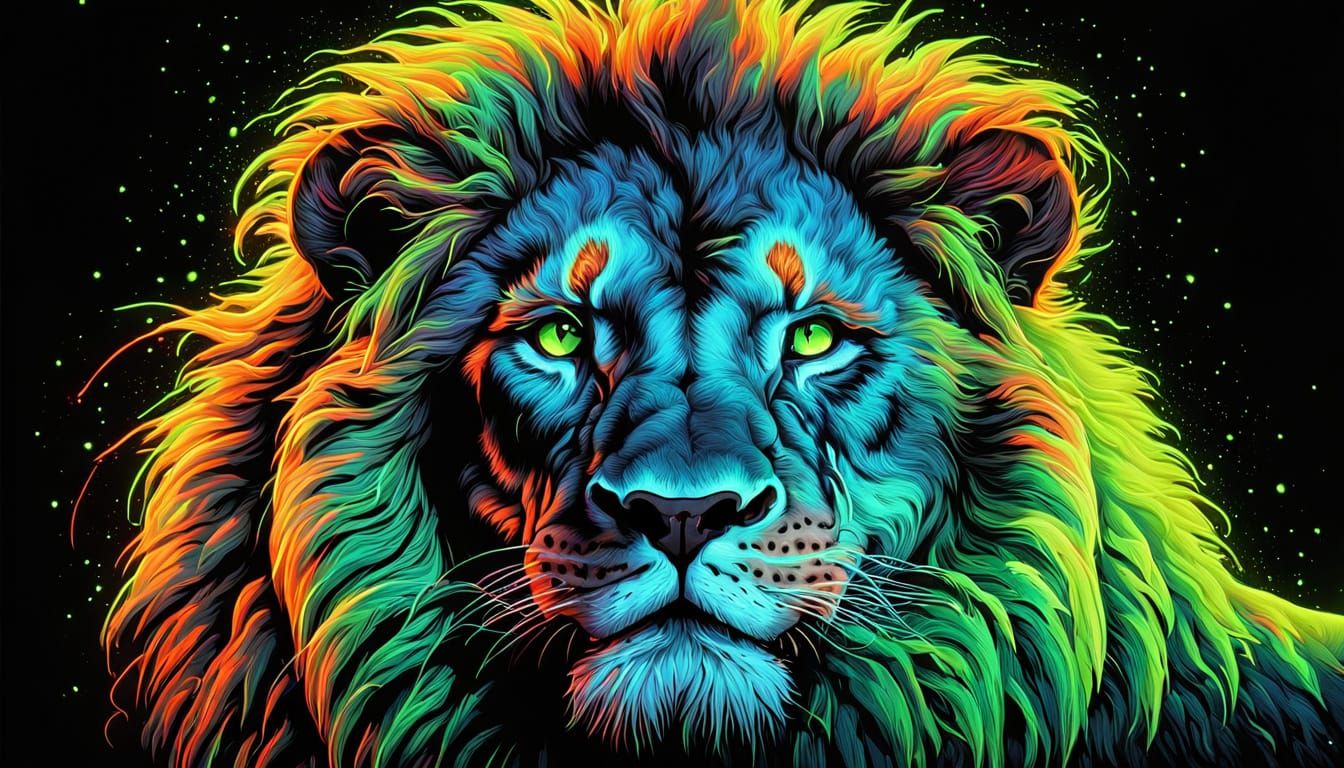 Neon Lion Portrait in Hyperrealistic Comic Art Style