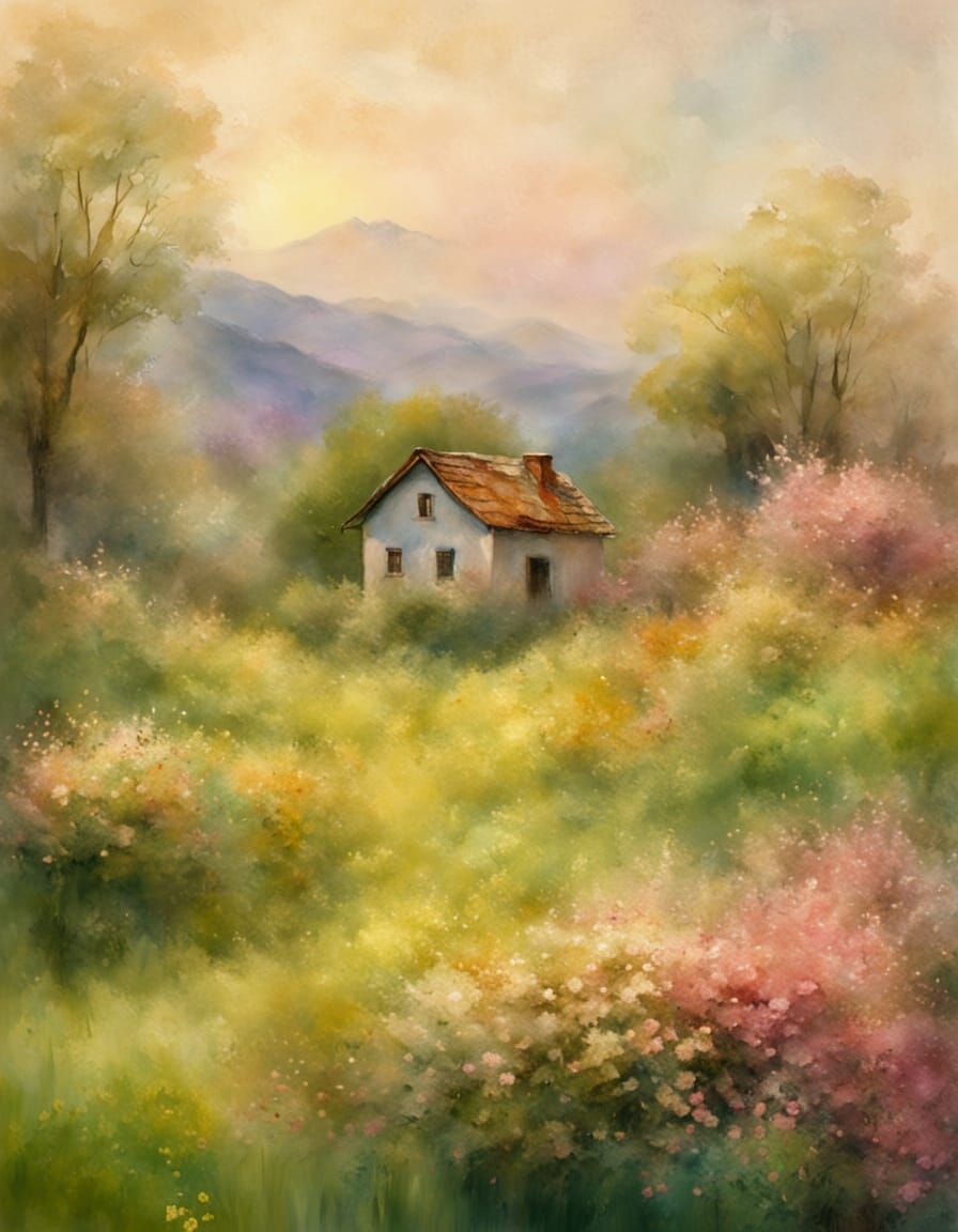 Vibrant Watercolor Village in Greek Countryside