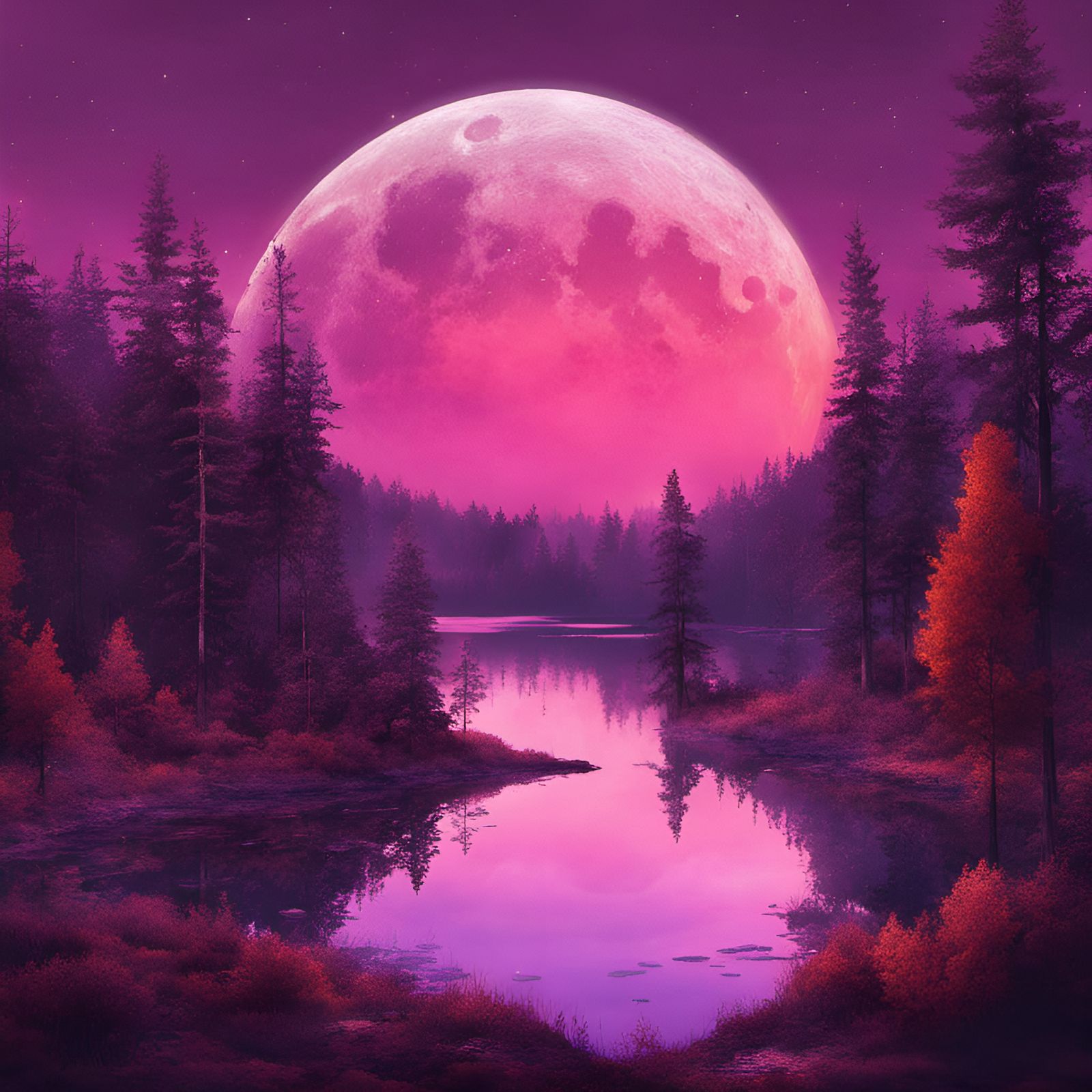 Enchanted Lake Forest Under Massive Moon