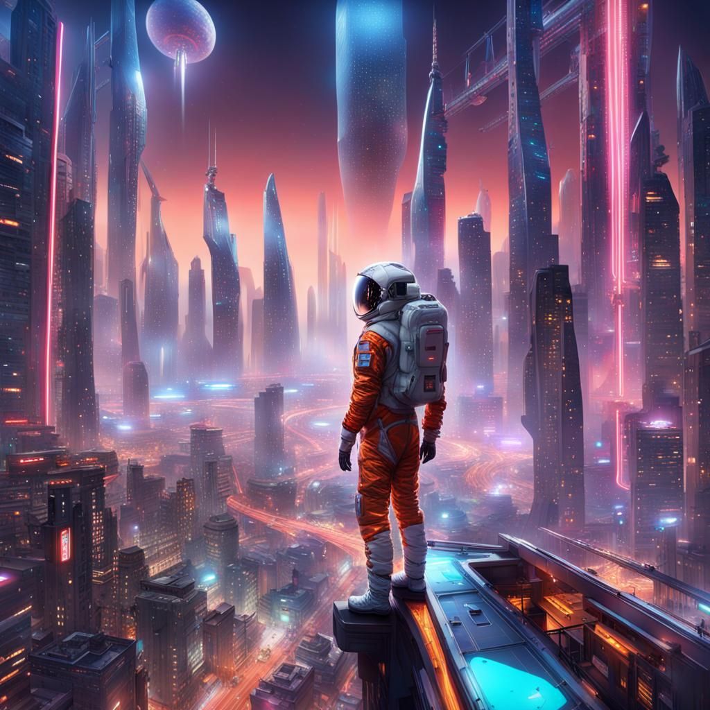 Futuristic Cityscape with Astronaut and Flying Car