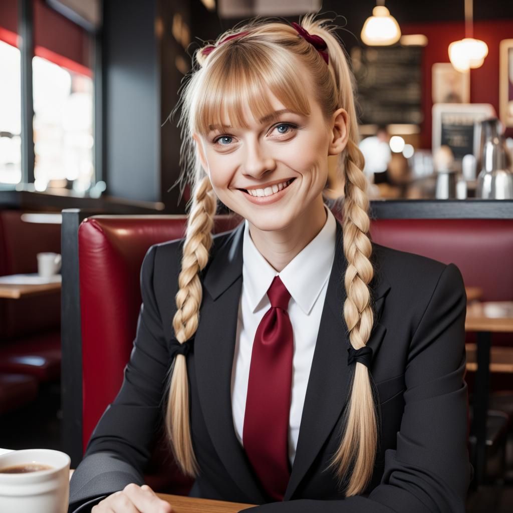 Woman in Red Suit at Cafe Smiling