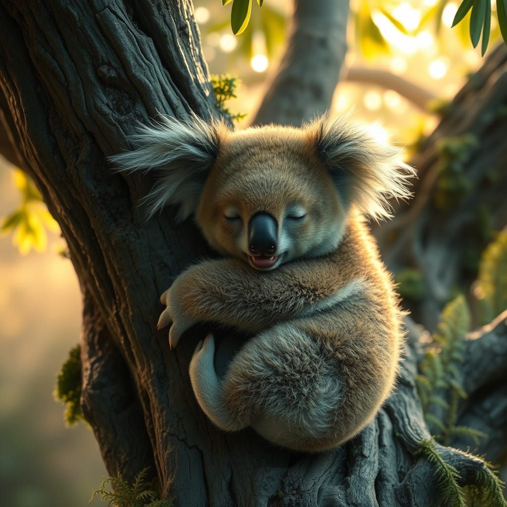 Sleepy Koala Embraces Ancient Eucalyptus in Whimsical 8k Lan...