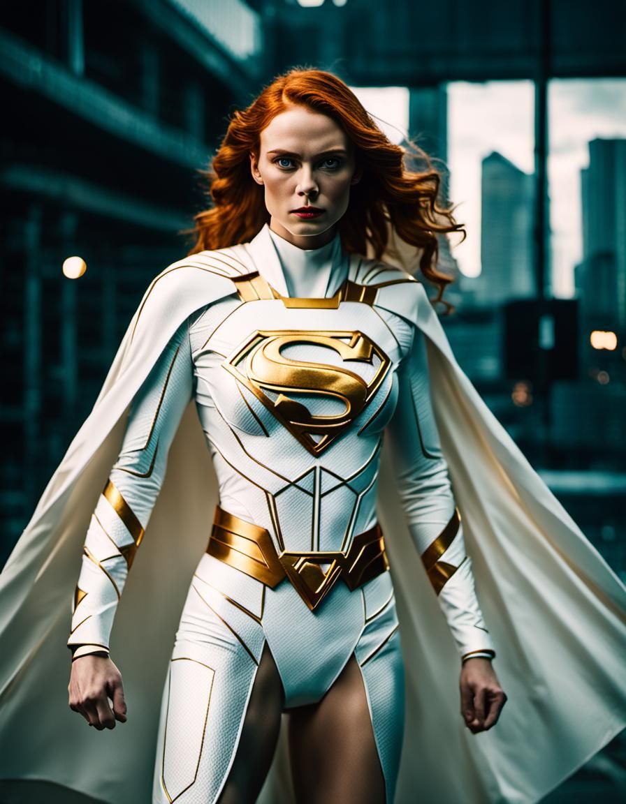 Ginger Superheroine in White and Gold Kryptonian Suit