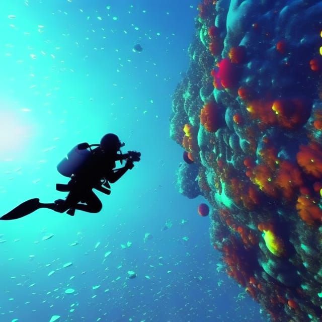 Underwater Fractal Masterpiece with Diver in Mixed Media