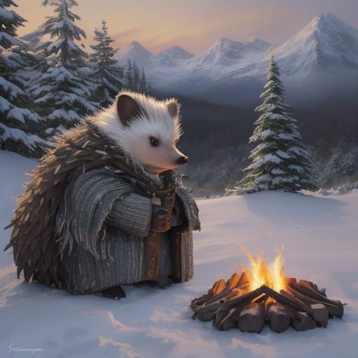 Winter Alpine Hedgehog Camp in Netherlandish Russian Realism...