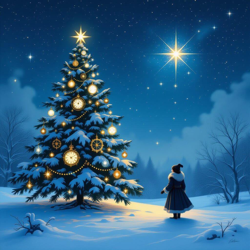 Cosmic Christmas Tree in Snowy Clearing