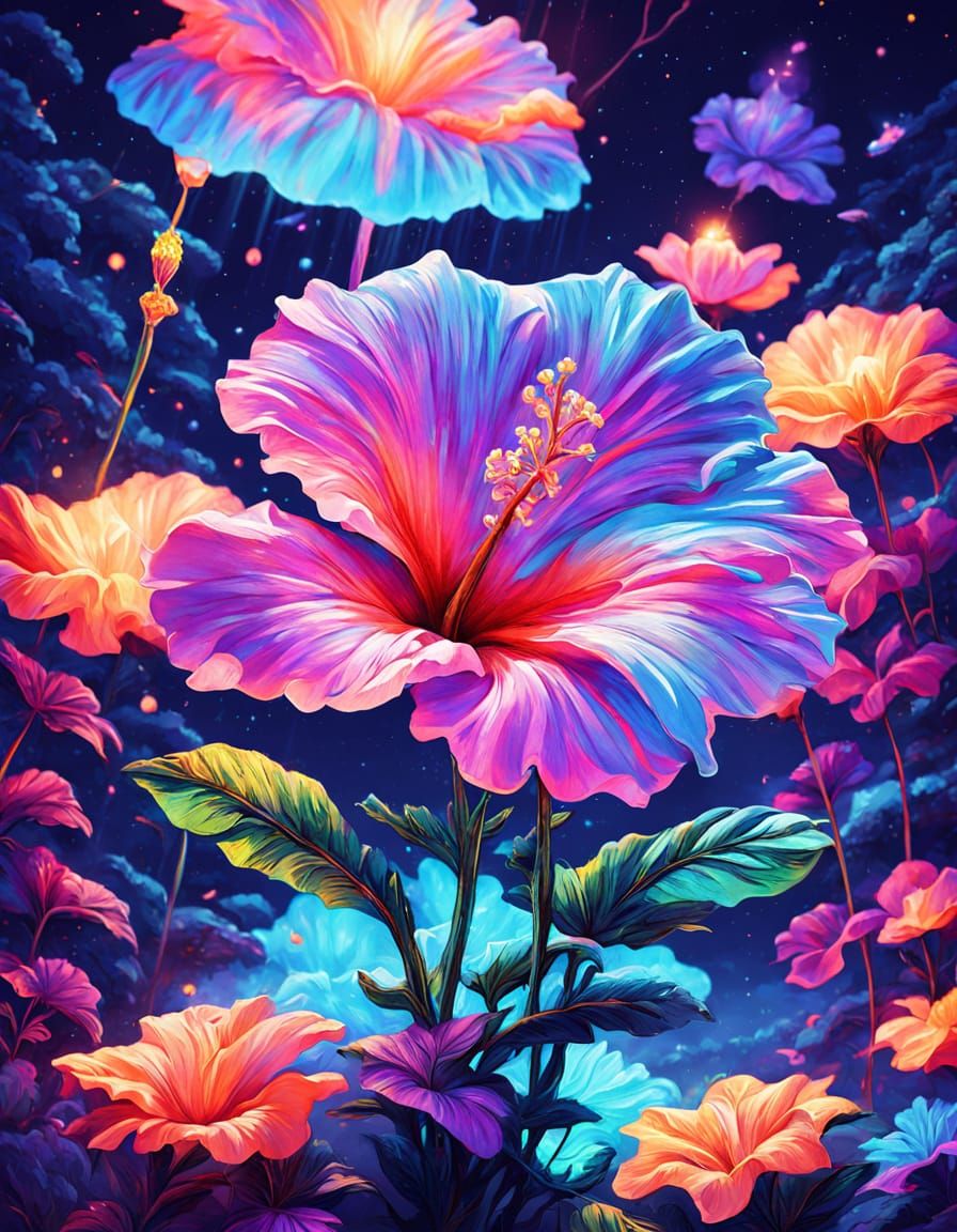 Glowing Neon Hibiscus Flowers on Bioluminescent Beach