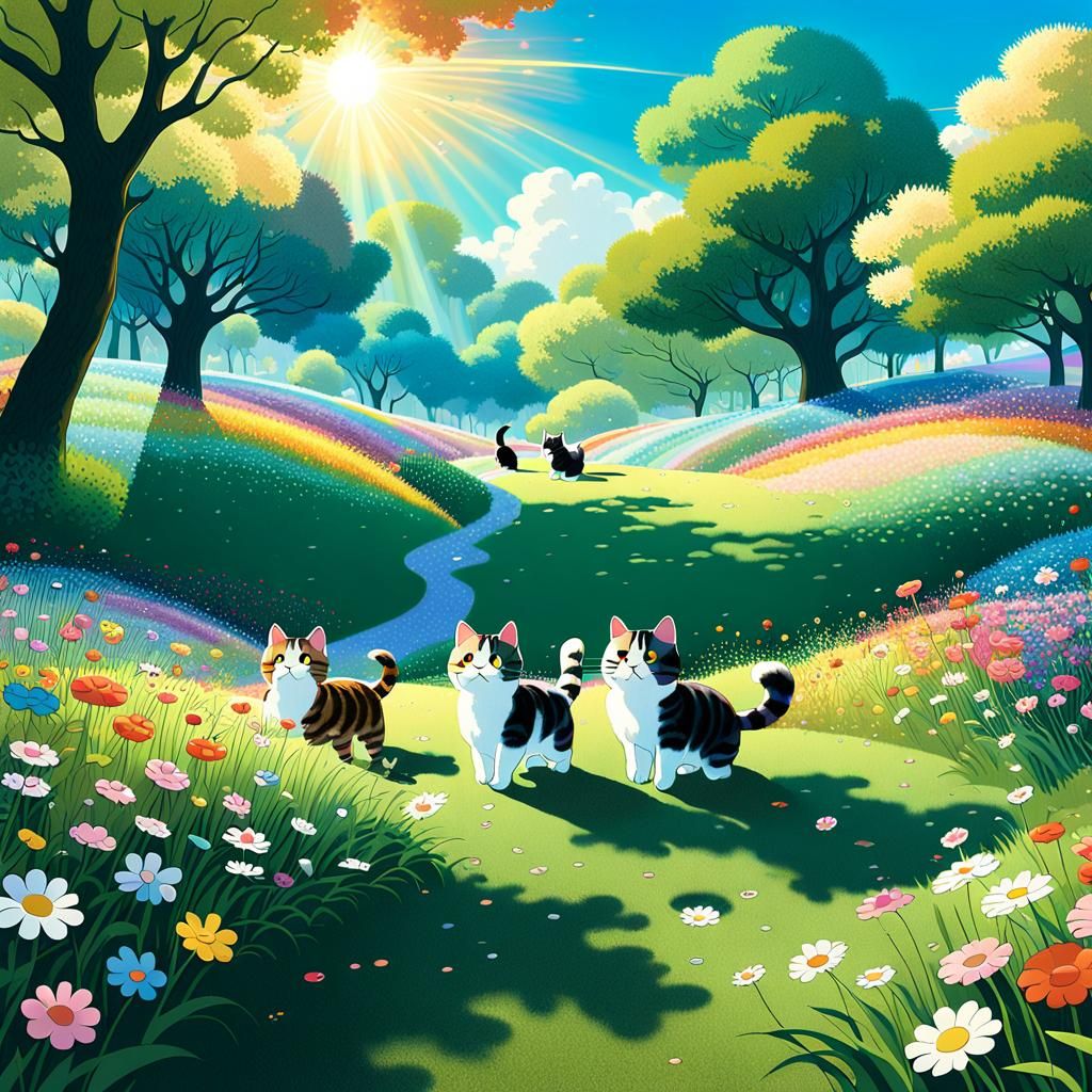Cats Playing in Park: Murakami-Inspired Matte Painting