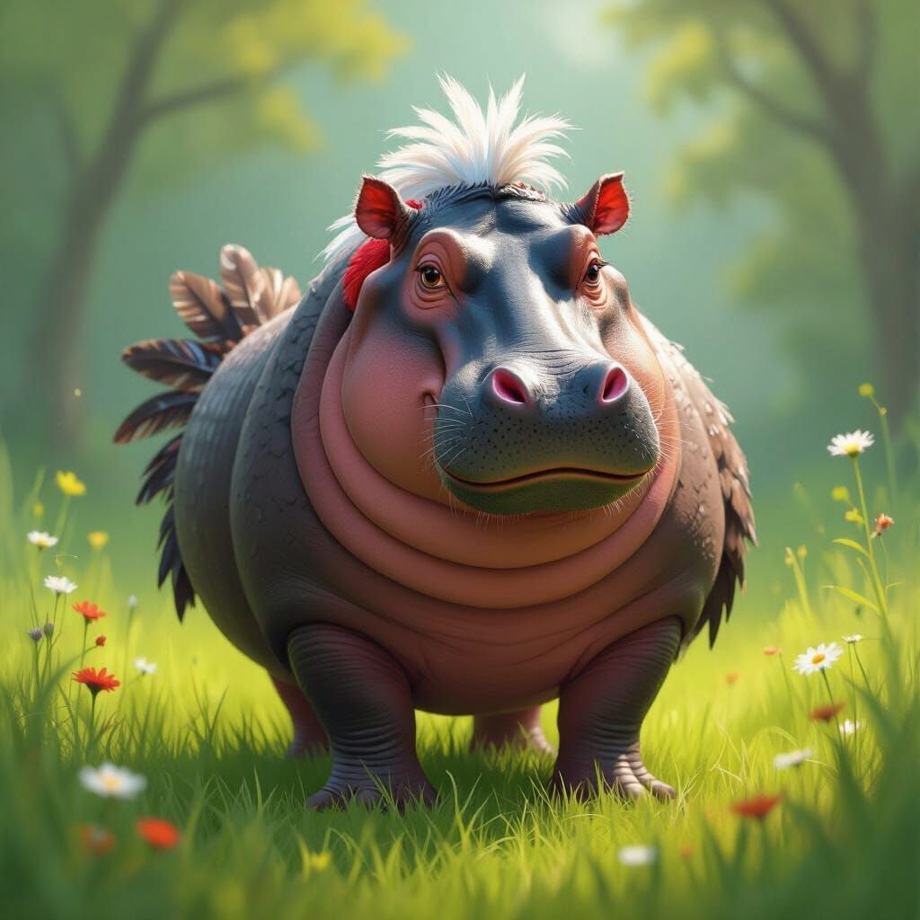 Whimsical Hippo-Chicken Hybrid in Lush Meadow