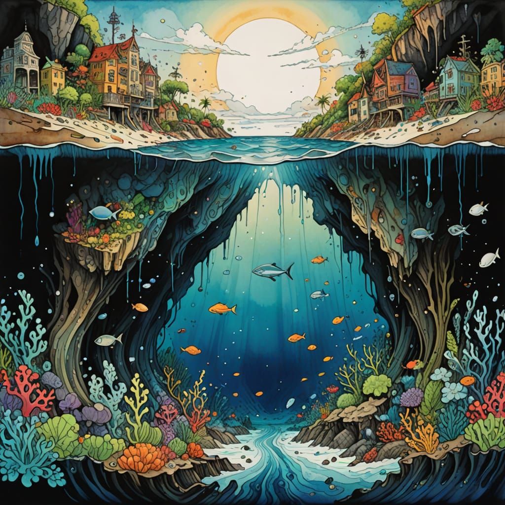 Earth Core Cross-Section: Mariana Trench in Watercolor