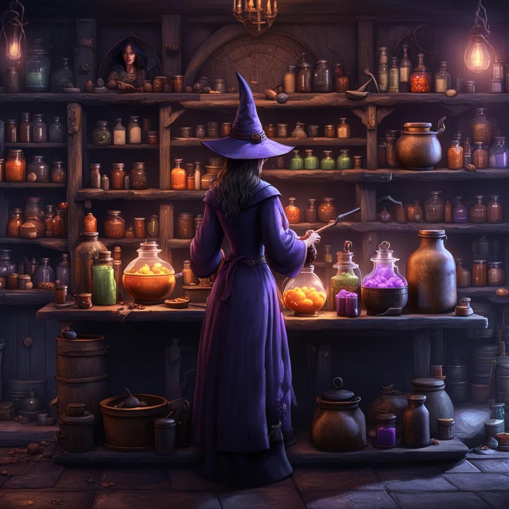 Fantasy Witch Potion Shop in Dark Concept Art Style
