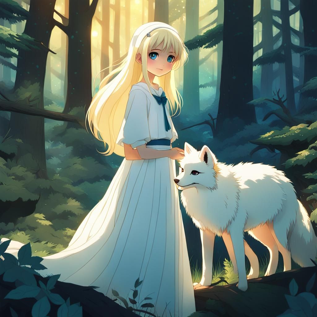 Anime Girl and Fox in Forest, Cel-Shaded Style