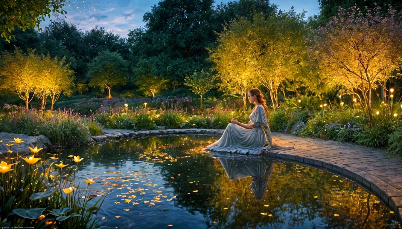 Art Nouveau Serene Woman by Glowing Pond in Magical Garden