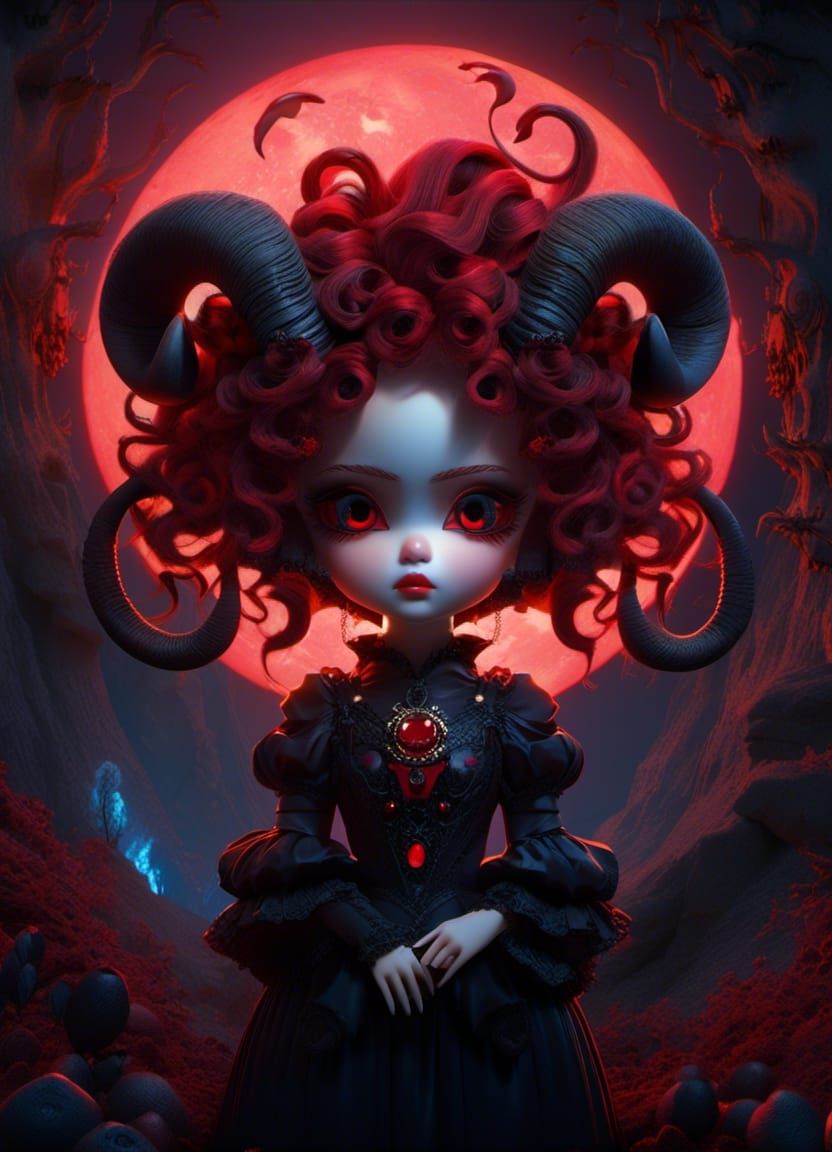 Chibi Demon Woman with Ram Horns in 3D Cel-Shaded Style