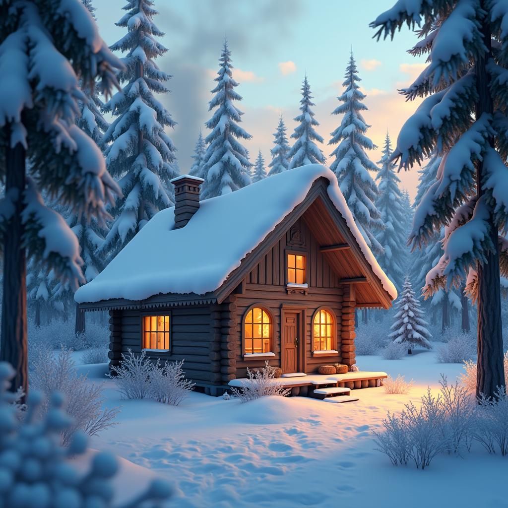 Winter Cabin in Forest: 3D Anime Art