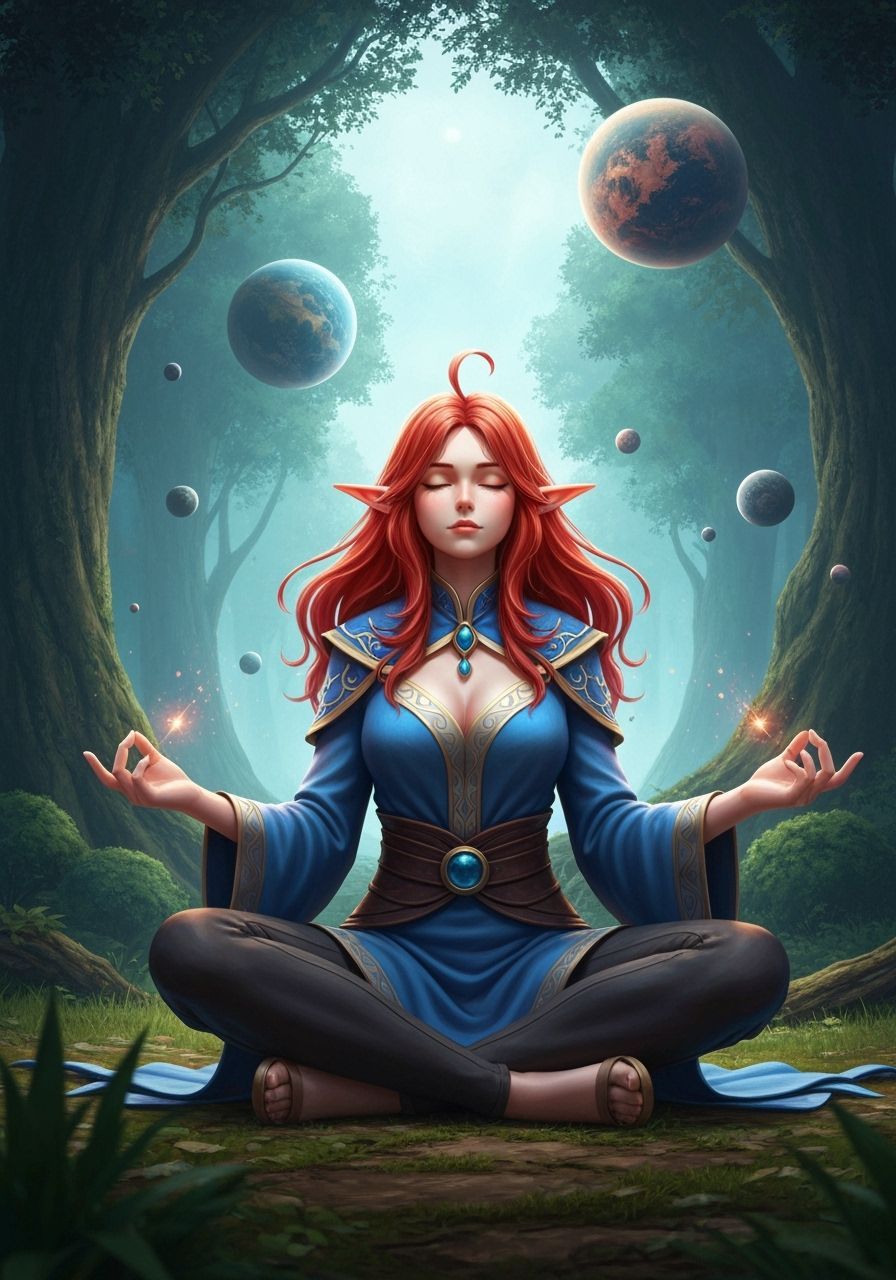 Meditating Elf with Red Hair and Cosmic Visions