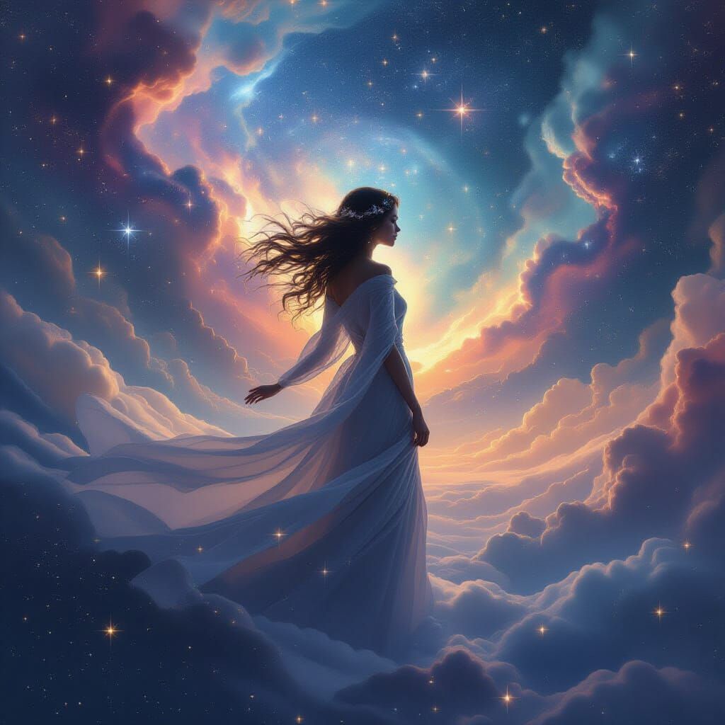 Ethereal Figure Dissolving into Starry Memories