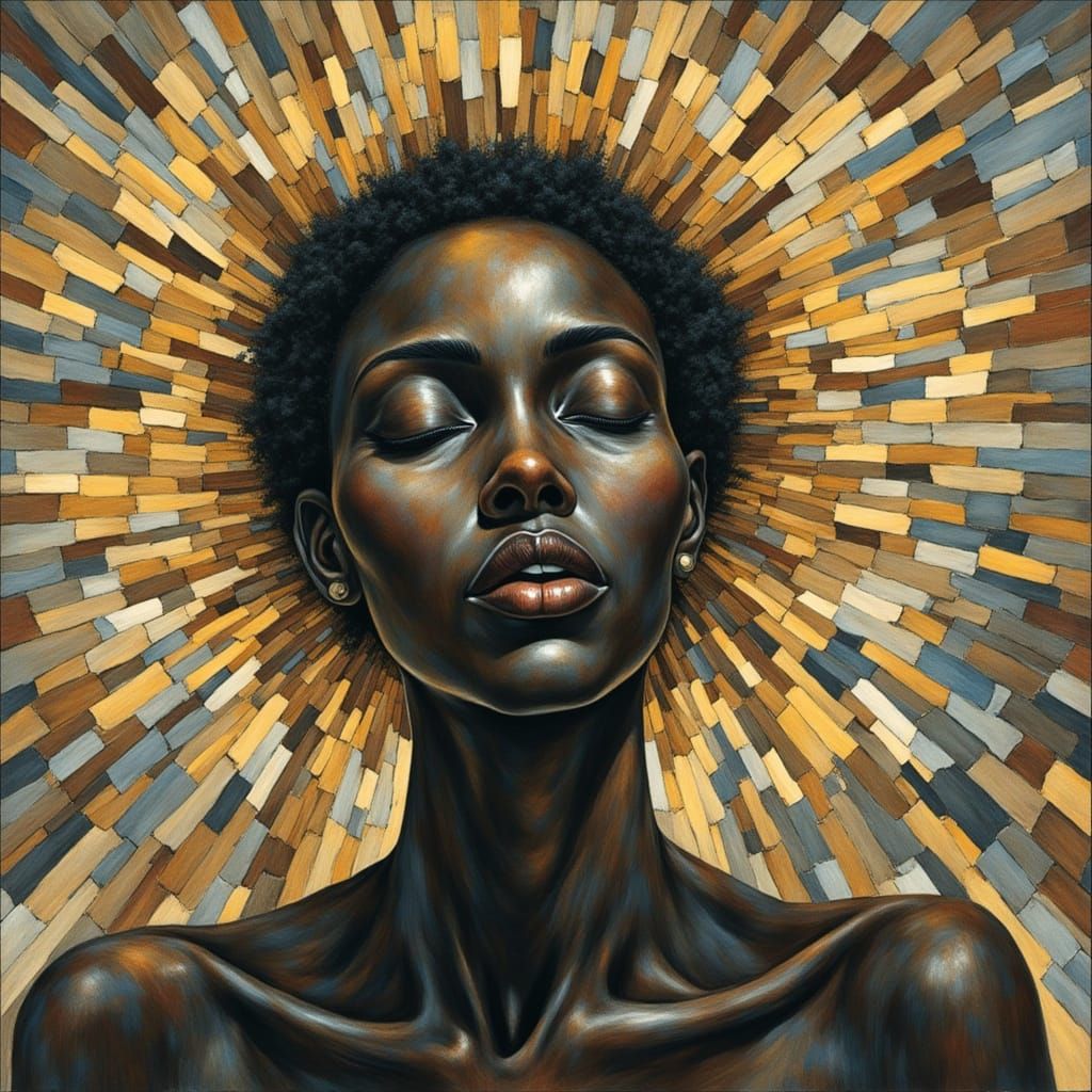 Surreal Black Woman with Radiant Halos in Muted Palette